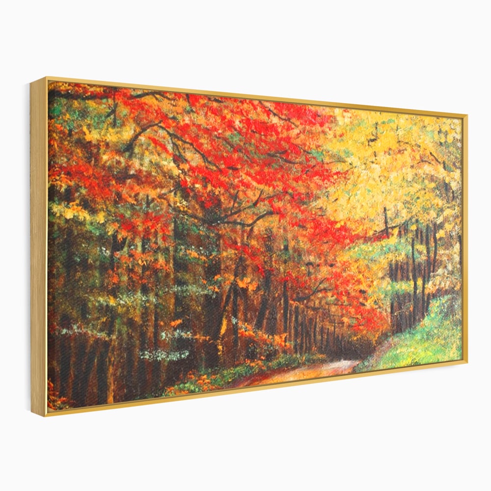 Tablou canvas cu pictura peisaj cu drum prin padure toamna, in rama de aluminiu auriu